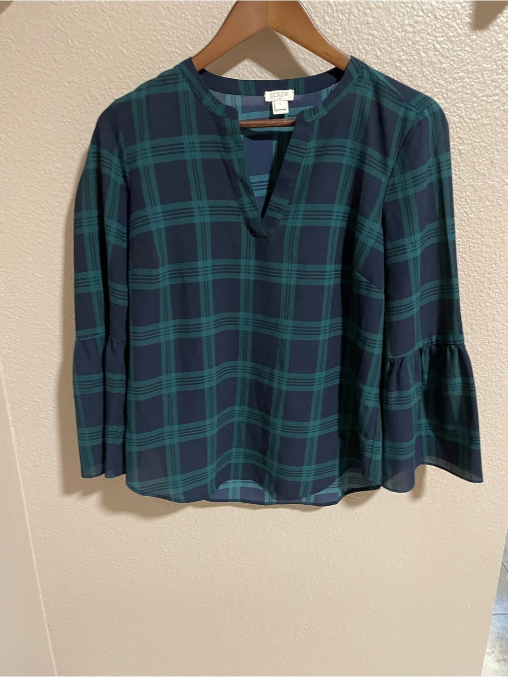 J. Crew Women's Navy and Green Plaid Bell-Sleeve Top